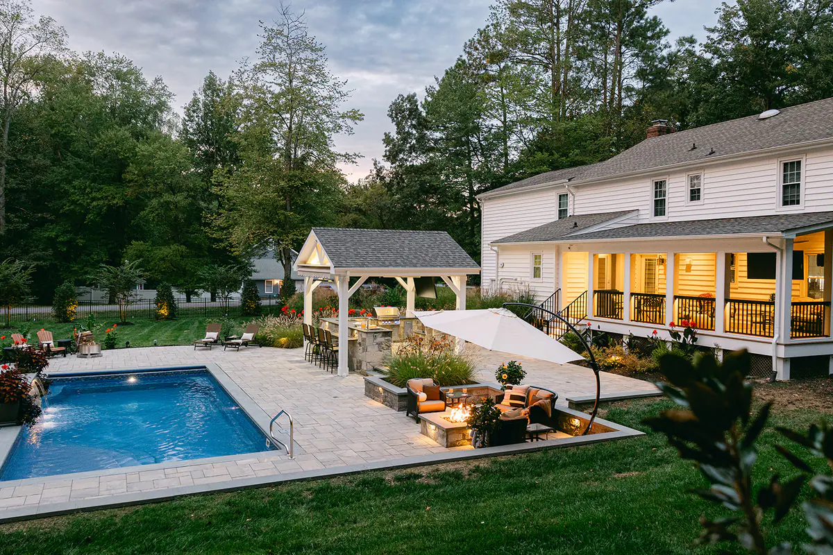 outdoor poolscape with pavilion custom built luxury