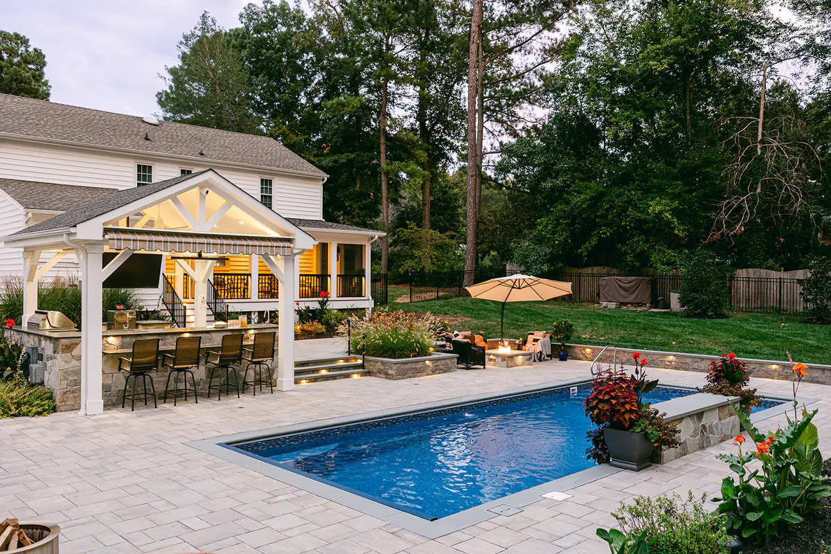 outdoor poolscape with pavilion custom built luxury