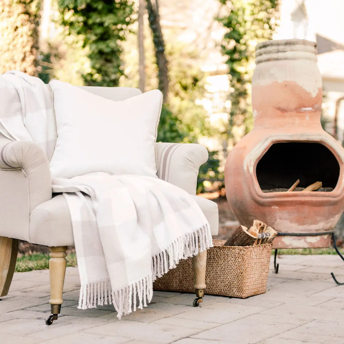 custom outdoor patio with smokestack firepit