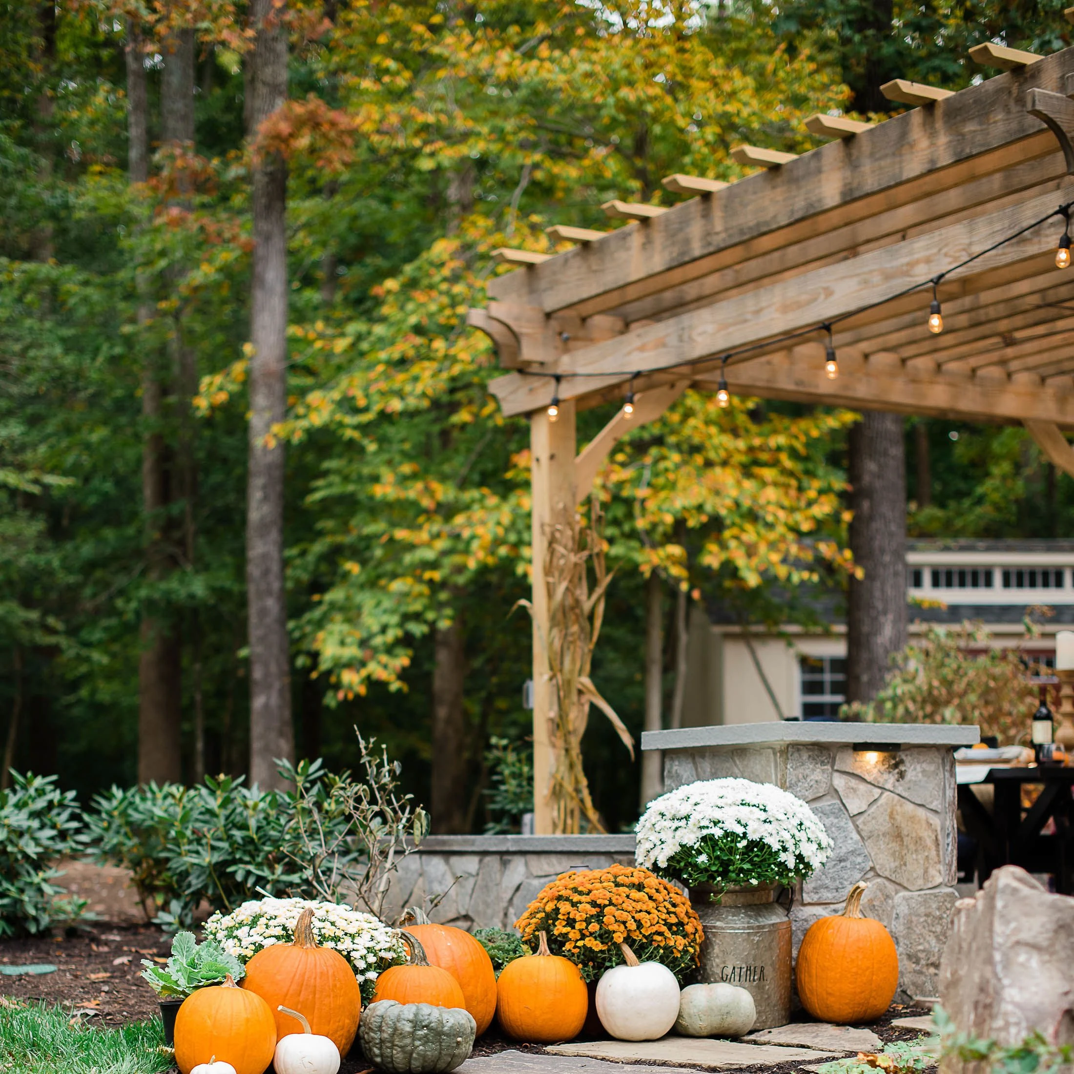 Pumpkins and mums beside a stone walkway