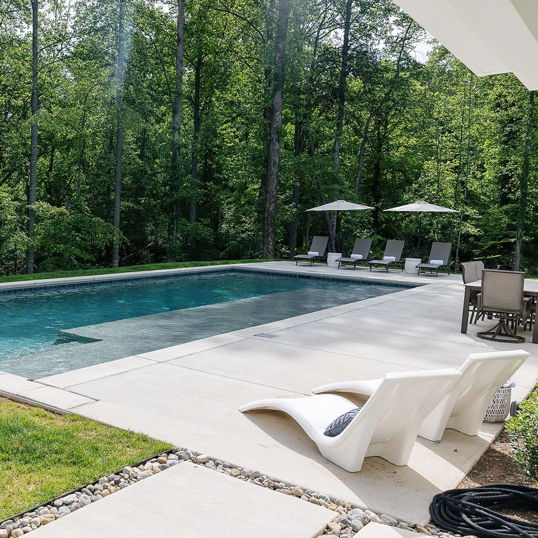 	20x45 gunite pool with French Gray Diamond Brite finish and tanning ledge