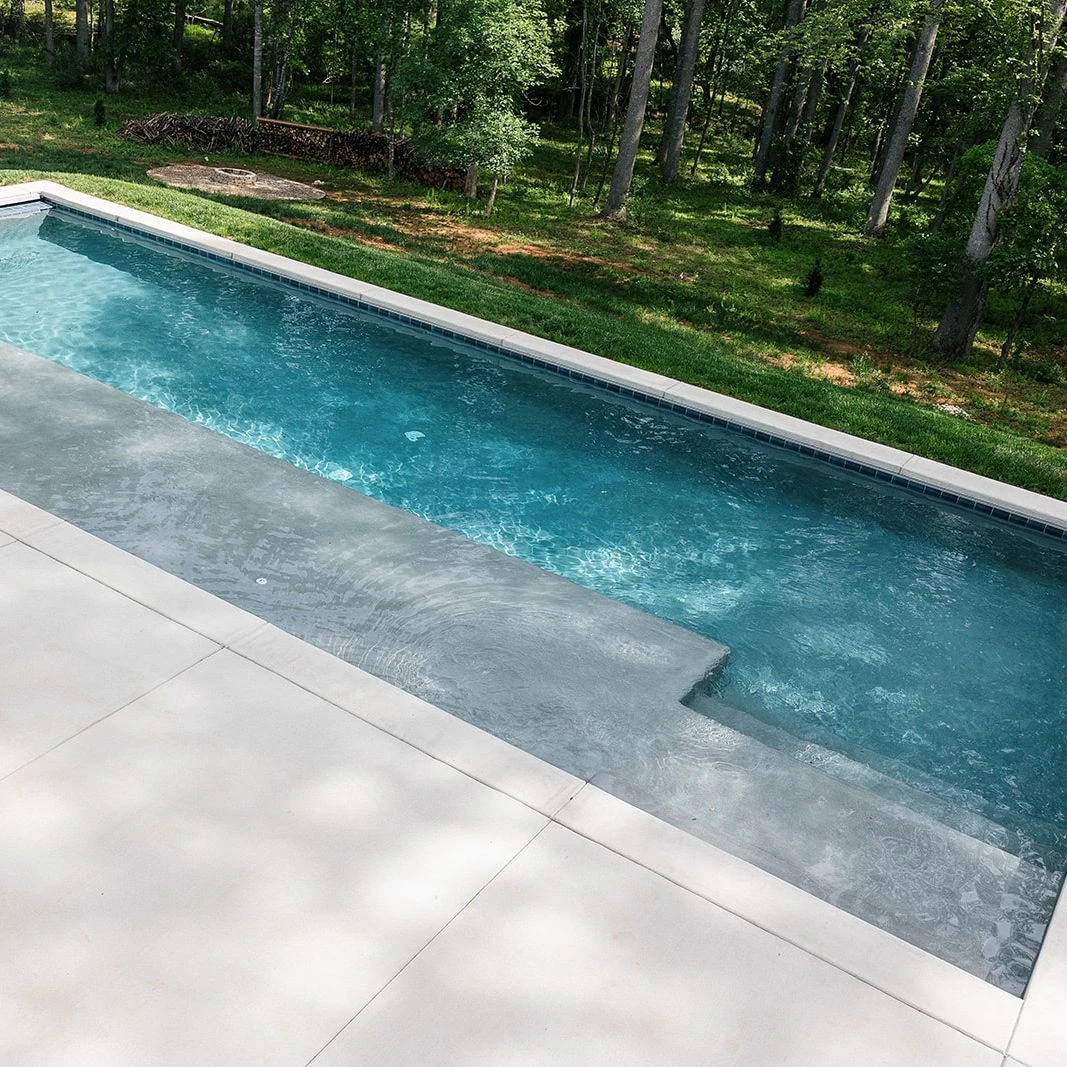 Gunite swimming pool with expansive tanning ledge and gray tile accents