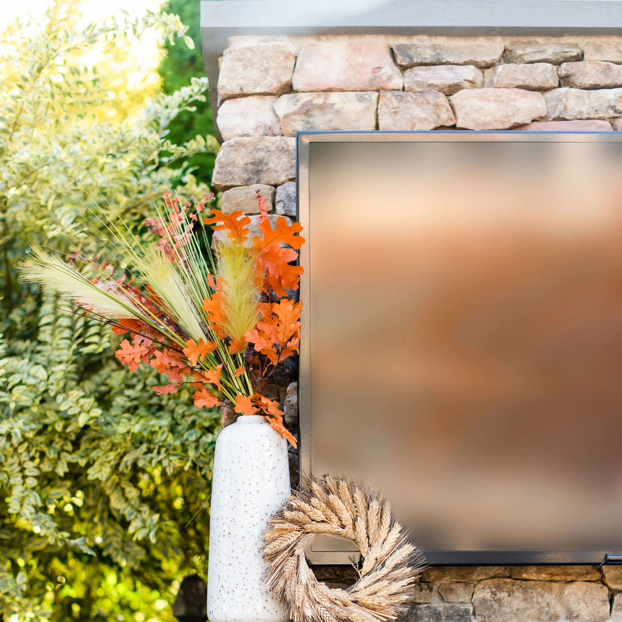 Wall-mounted TV in backyard entertaining space