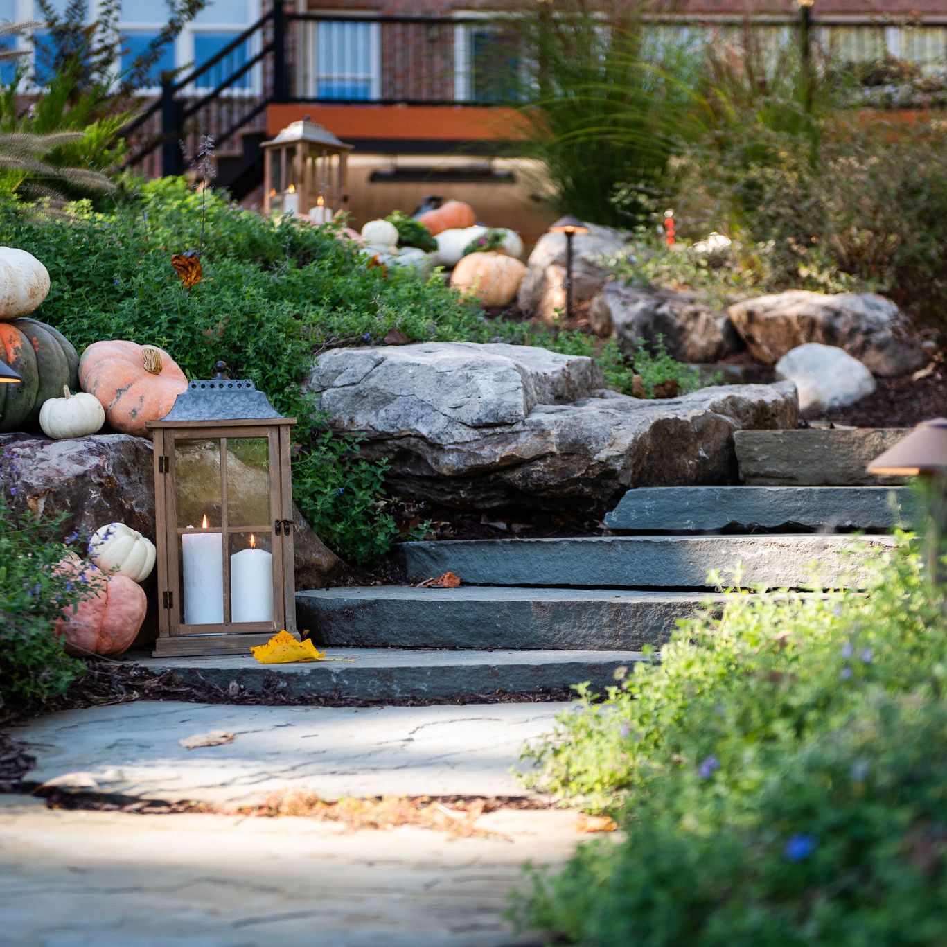 Lakefront yard with lighting and low-maintenance planting