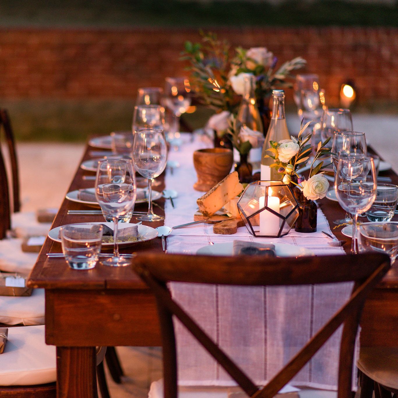 elegant dinner party on travertine patio