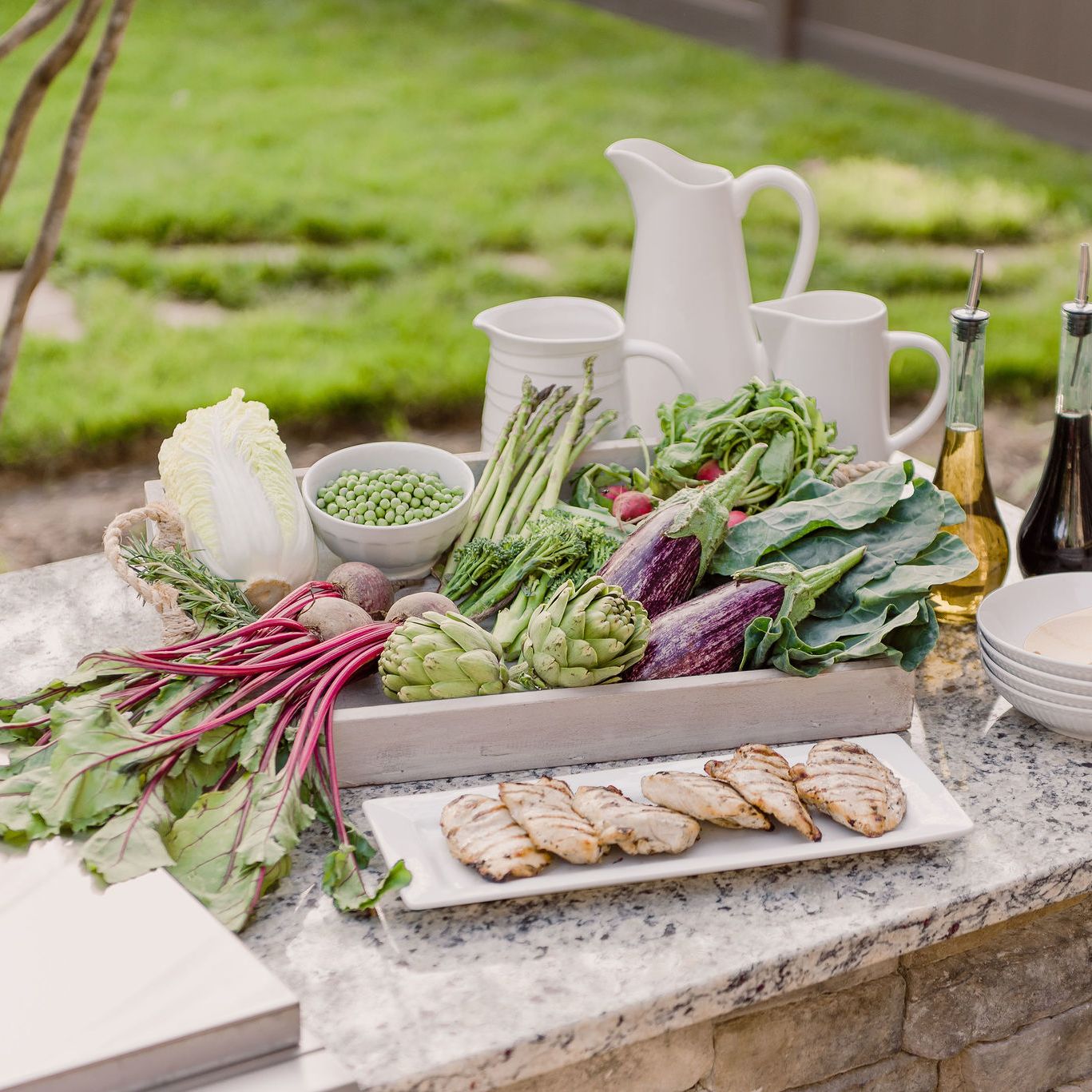 Grilled Chicken and vegetables on an outdoor kitchen.