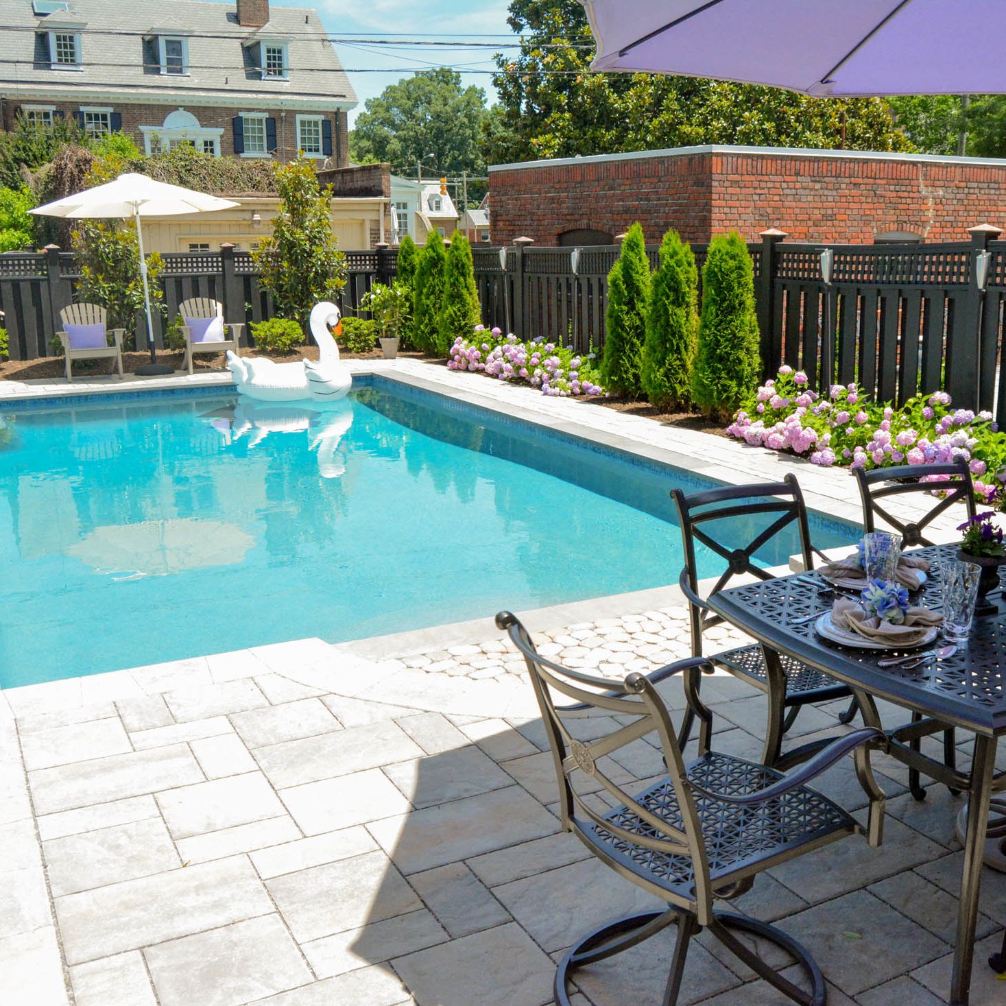 Suburban back yard with a pool