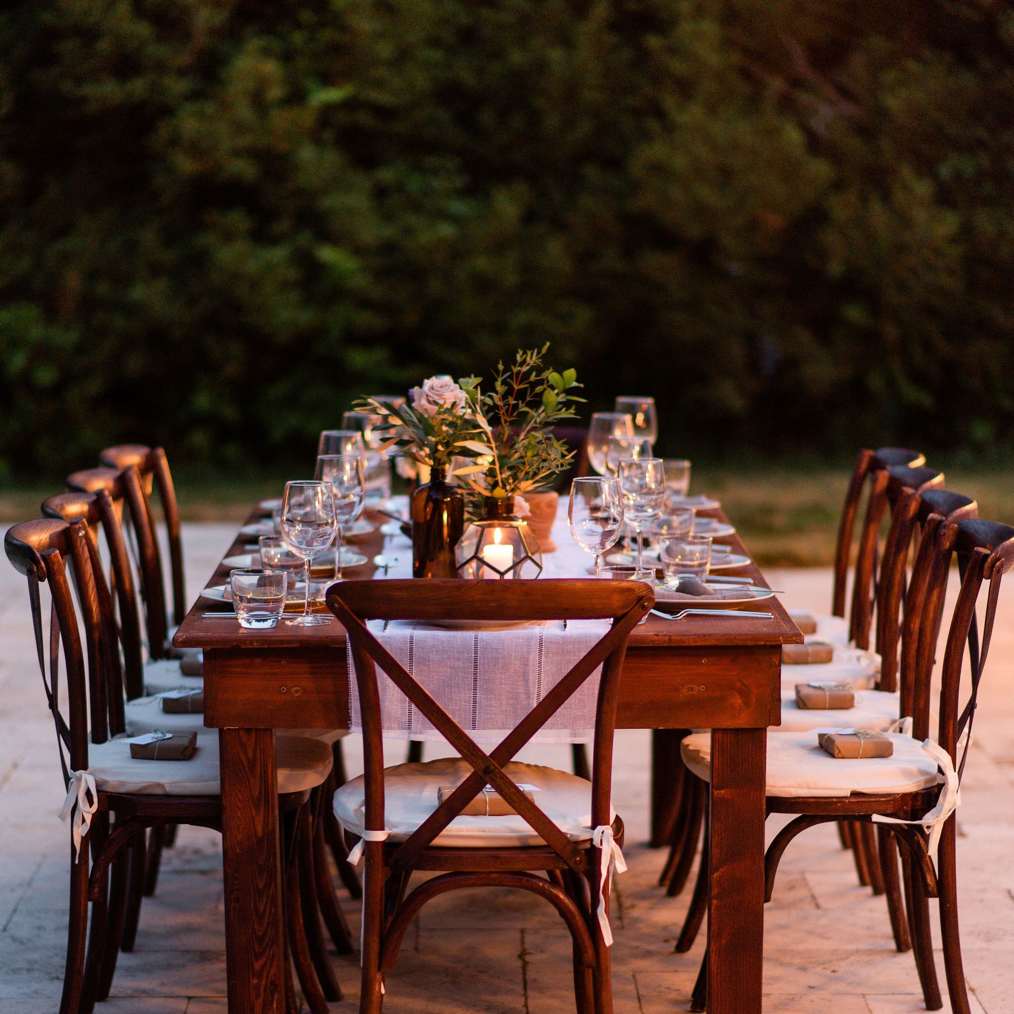 Elegant dinner party on travertine patio